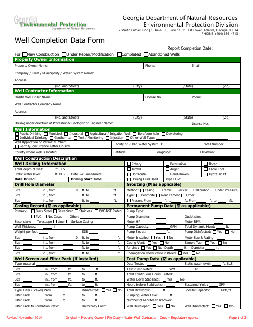 Well Completion Data Form - Georgia (United States) Download Pdf