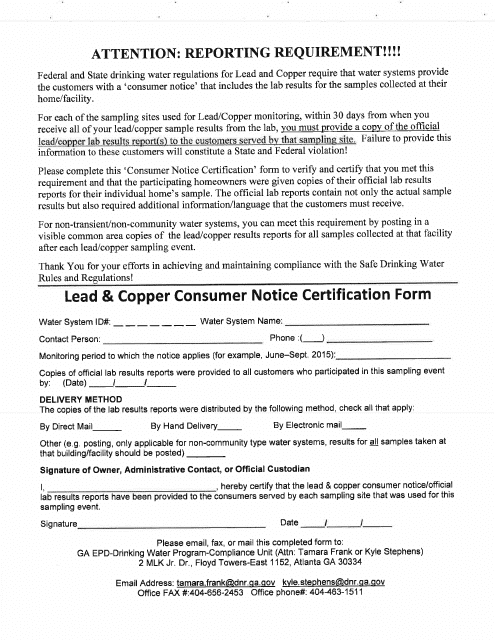 Lead and Copper Consumer Notice Certification Form - Georgia (United States)
