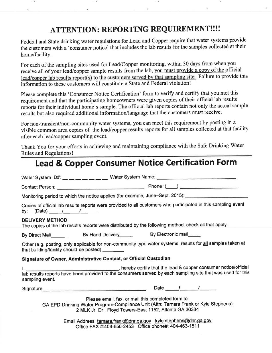 Lead and Copper Consumer Notice Certification Form - Georgia (United States), Page 1
