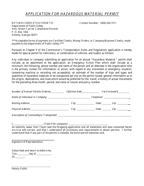 Application for Hazardous Material Permit - Georgia (United States) Download Pdf