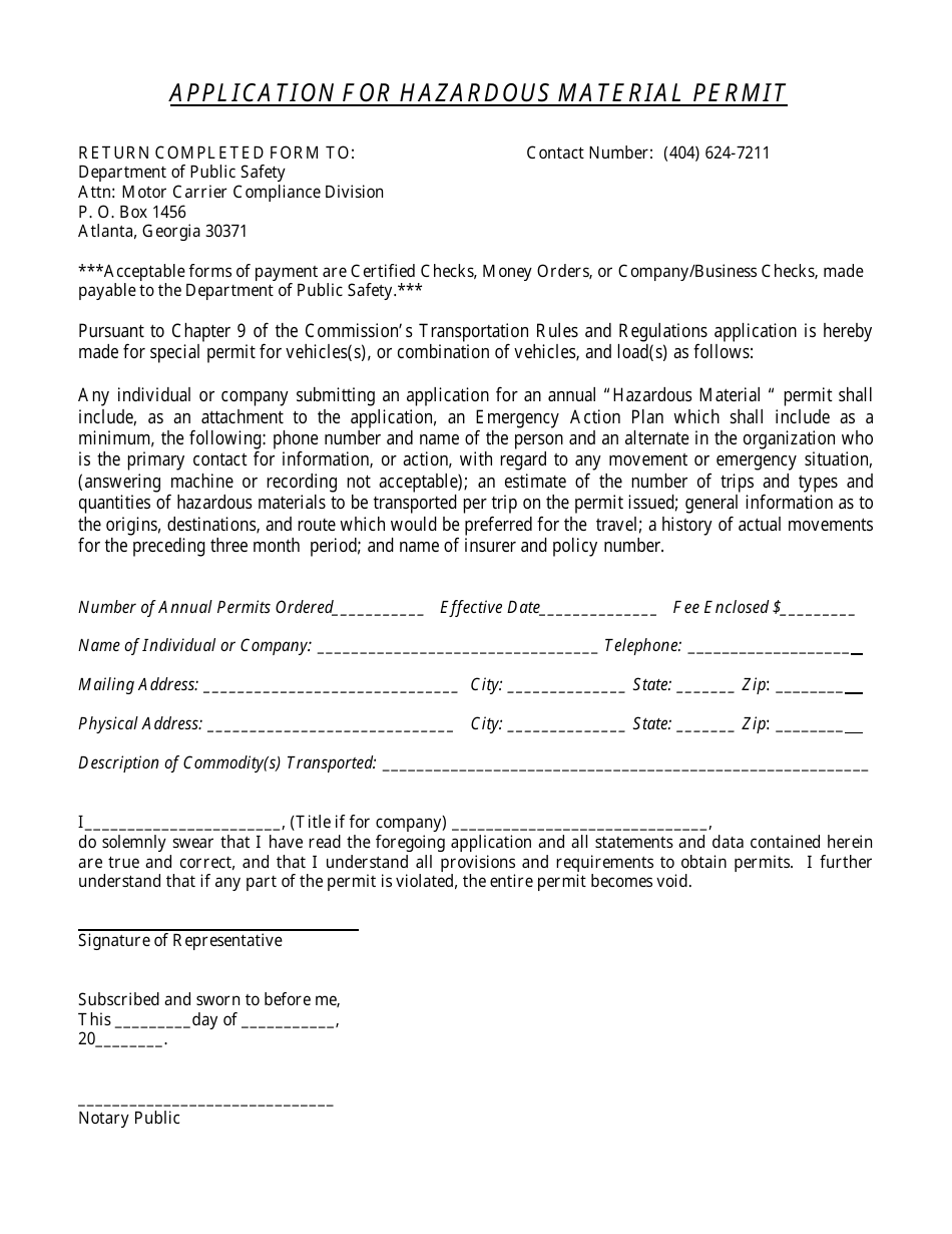Application for Hazardous Material Permit - Georgia (United States), Page 1