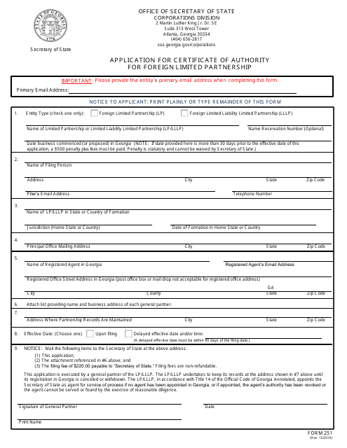Form 251 Application for Certificate of Authority for Foreign Limited Partnership - Georgia (United States)