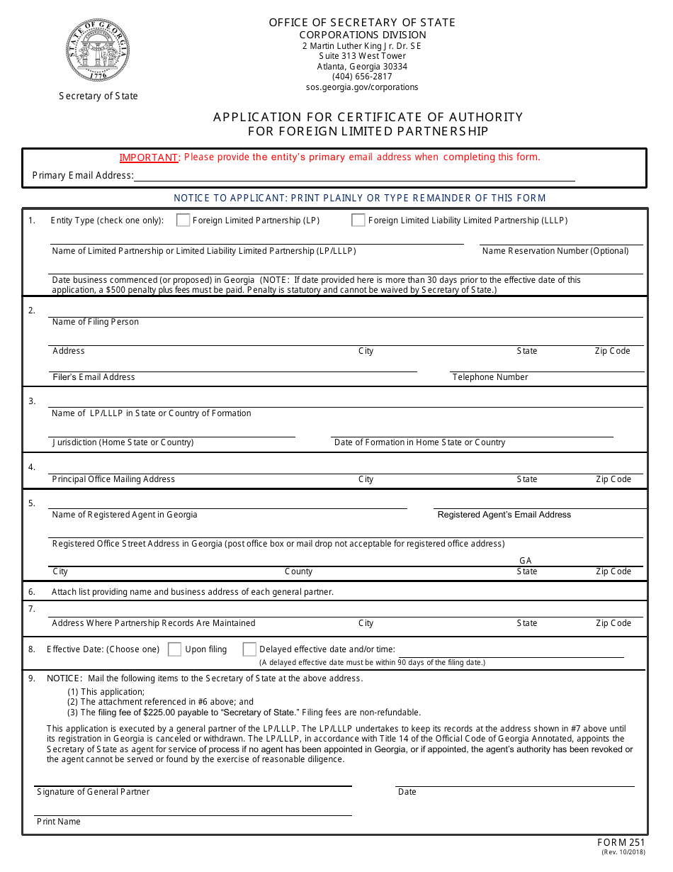 Form 251 Application for Certificate of Authority for Foreign Limited Partnership - Georgia (United States), Page 1