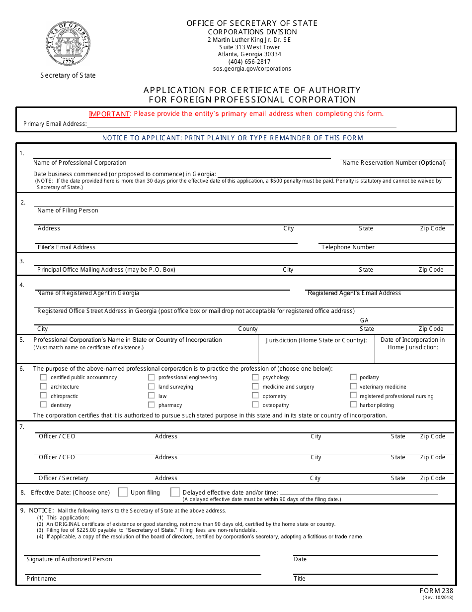 Form 238 Application for Certificate of Authority for Foreign Professional Corporation - Georgia (United States), Page 1