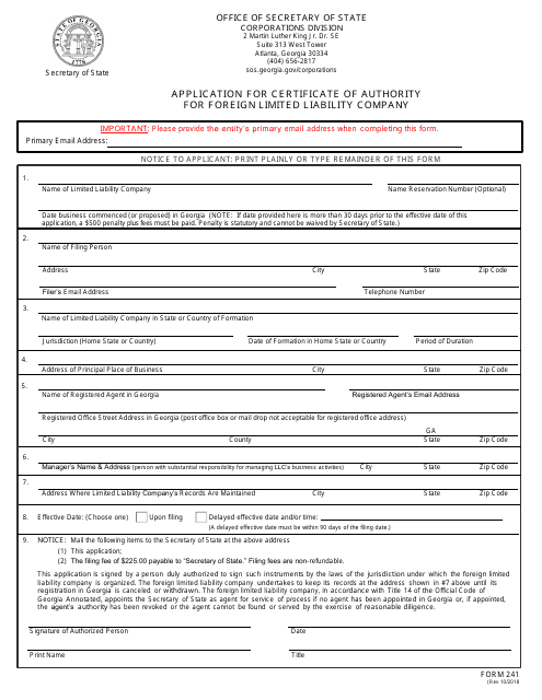 Form 241 Application for Certificate of Authority for Foreign Limited Liability Company - Georgia (United States)