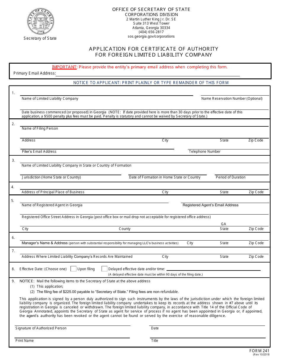 Form 241 Application for Certificate of Authority for Foreign Limited Liability Company - Georgia (United States), Page 1