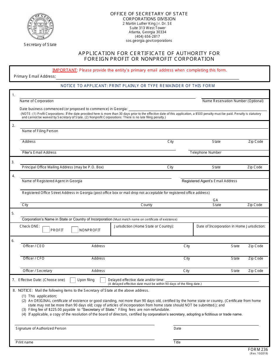 Form 236 Application for Certificate of Authority for Foreign Profit or Nonprofit Corporation - Georgia (United States), Page 1