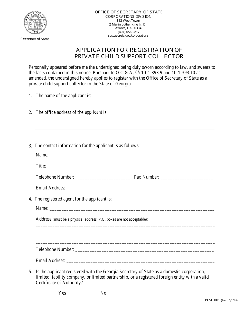 Form PCSC001 Application for Registration of Private Child Support Collector - Georgia (United States), Page 1