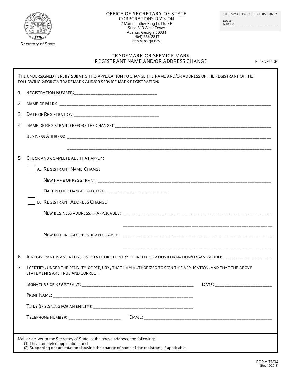 Form TM04 Trademark or Service Mark Registrant Name and / or Address Change - Georgia (United States), Page 2