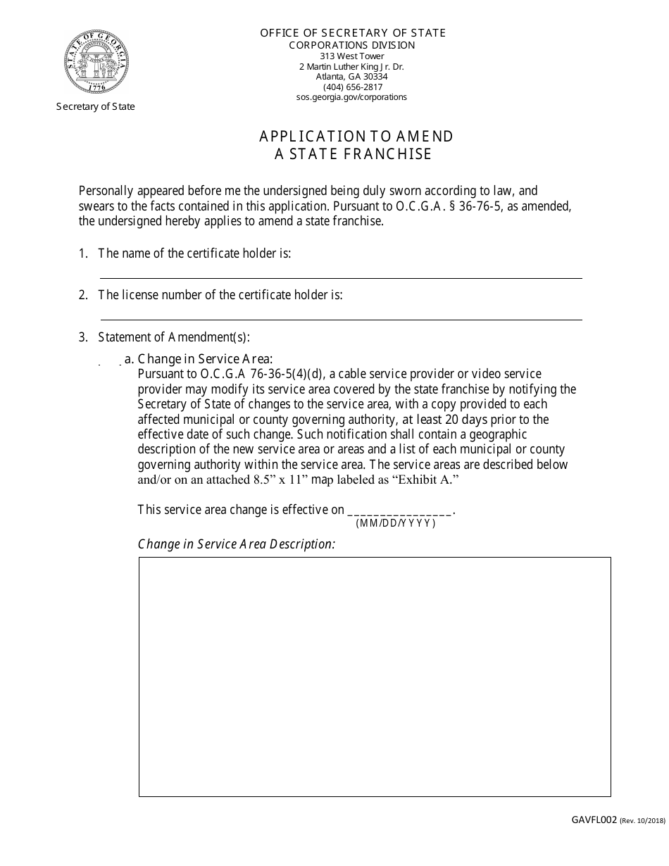 Form GAVFL002 Application to Amend a State Franchise - Georgia (United States), Page 1