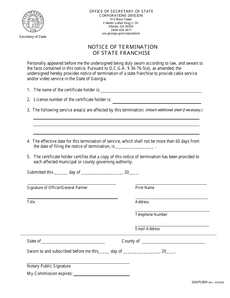 Form GAVFL004 Notice of Termination of State Franchise - Georgia (United States), Page 1