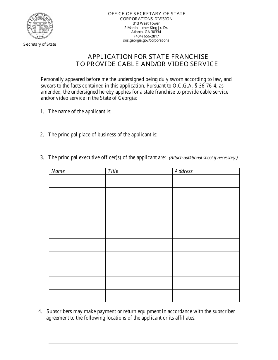 Form GAVFL001 Application for State Franchise to Provide Cable and / or Video Service - Georgia (United States), Page 1
