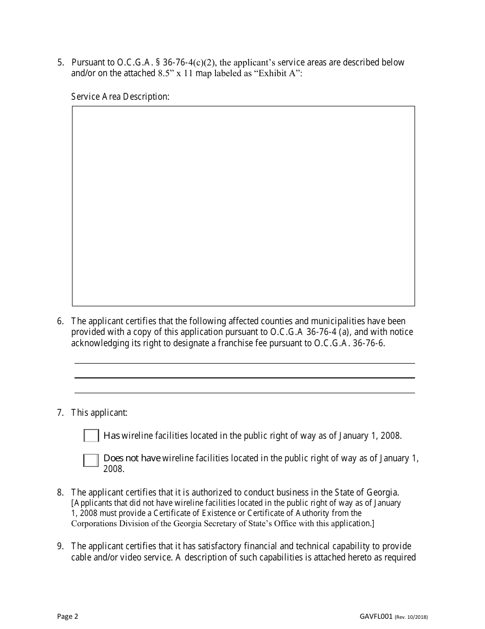 Form GAVFL001 Application for State Franchise to Provide Cable and / or Video Service - Georgia (United States), Page 2