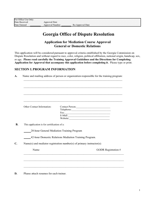 Application for Mediation Course Approval General or Domestic Relations - Georgia (United States) Download Pdf