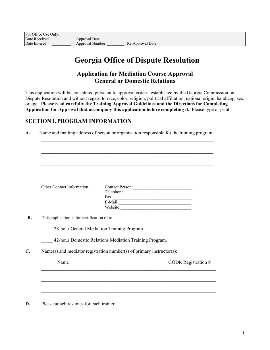 Application for Mediation Course Approval General or Domestic Relations - Georgia (United States), Page 1