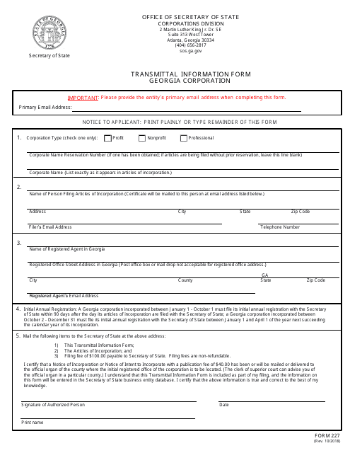Form 227 Transmittal Information Form - Georgia Corporation - Georgia (United States)