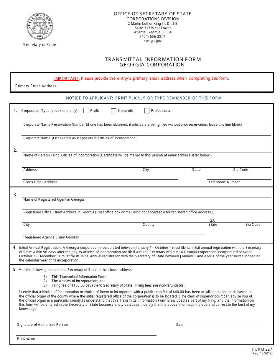 Form 227 Transmittal Information Form - Georgia Corporation - Georgia (United States), Page 1