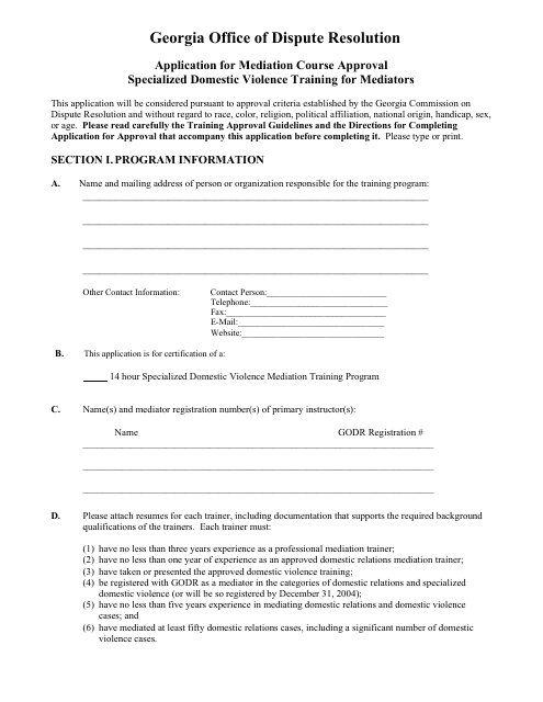 Application for Mediation Course Approval Specialized Domestic Violence Training for Mediators - Georgia (United States) Download Pdf