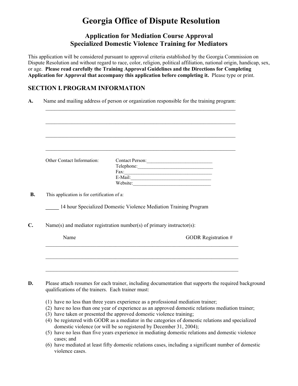 Application for Mediation Course Approval Specialized Domestic Violence Training for Mediators - Georgia (United States), Page 1