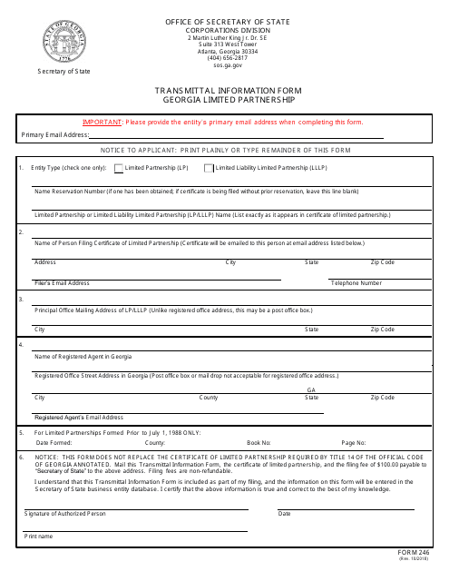 Form 246 Transmittal Information Form - Georgia Limited Partnership - Georgia (United States)