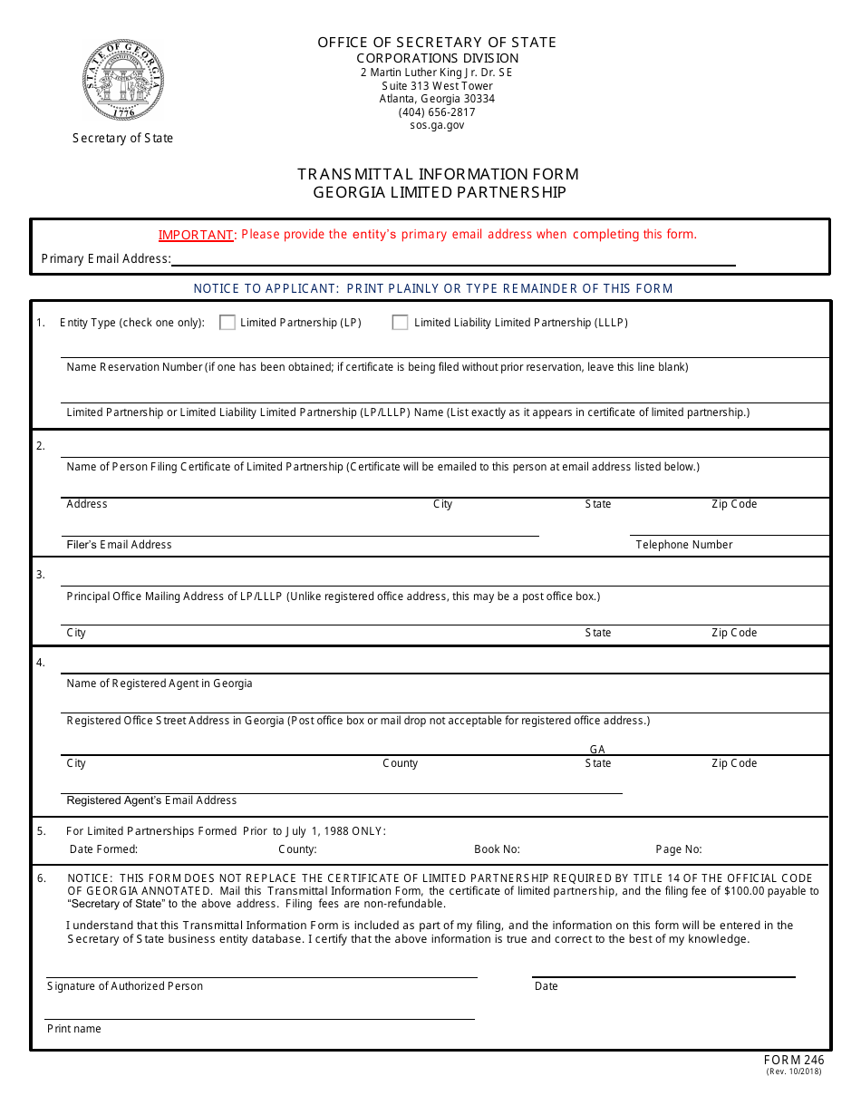 Form 246 Transmittal Information Form - Georgia Limited Partnership - Georgia (United States), Page 1