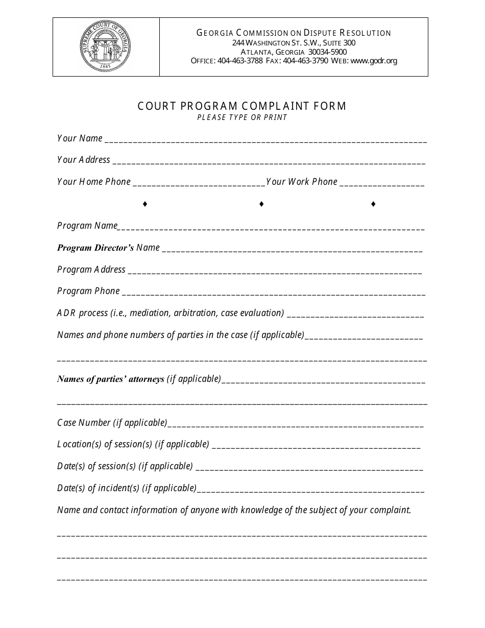 Court Program Complaint Form - Georgia (United States), Page 1