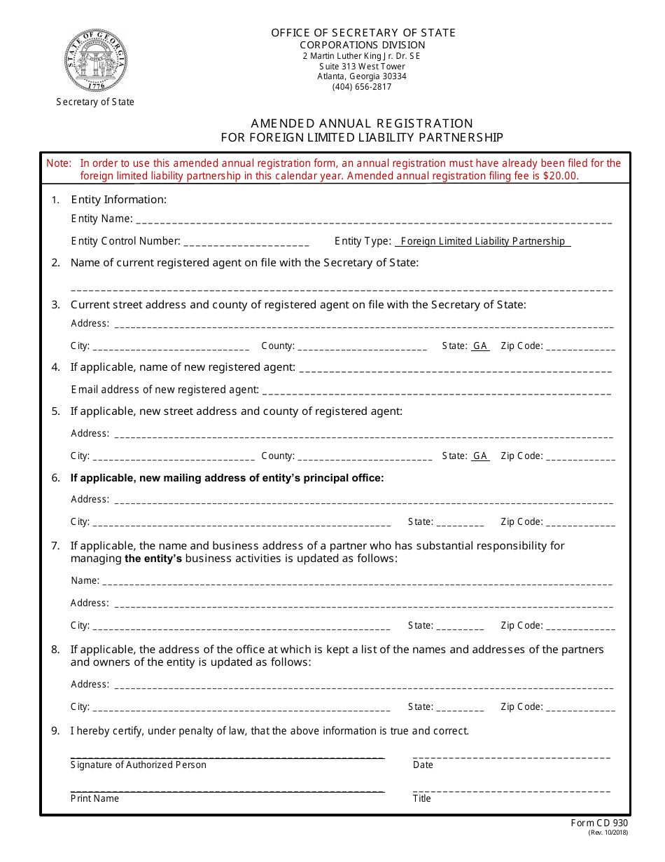 Form CD930 Amended Annual Registration for Foreign Limited Liability Partnership - Georgia (United States), Page 2