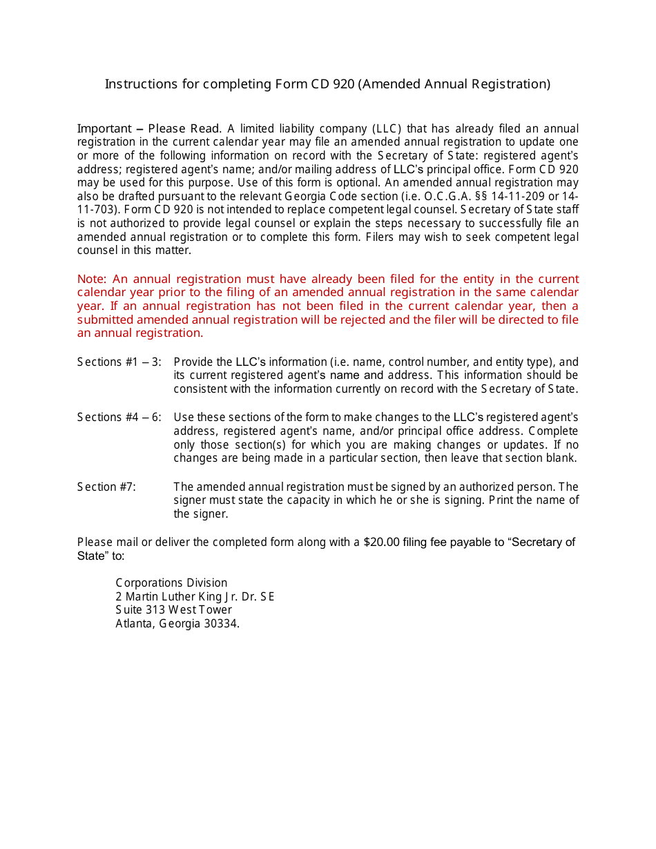 Form CD920 - Fill Out, Sign Online and Download Fillable PDF, Georgia ...
