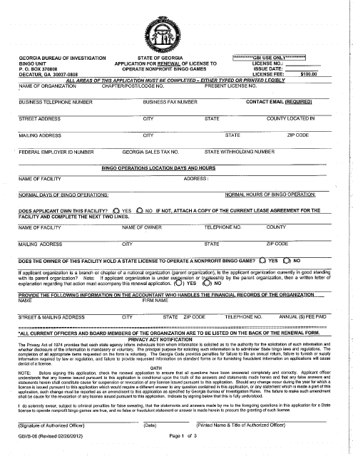 Form B-06 Application for Renewal of License to Operate Nonprofit Bingo Games - Georgia (United States)