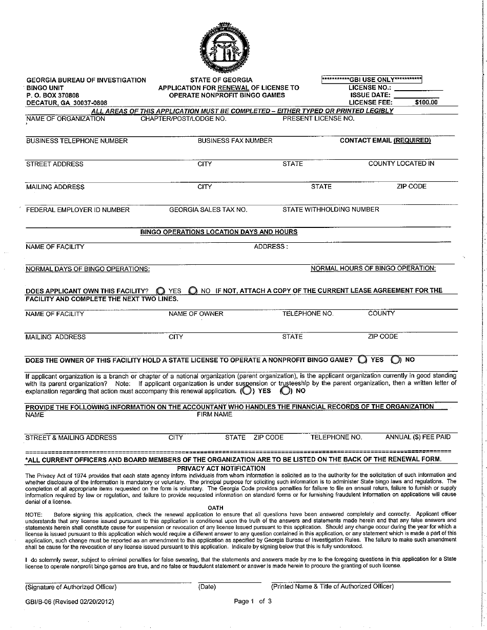 Form B-06 Application for Renewal of License to Operate Nonprofit Bingo Games - Georgia (United States), Page 1