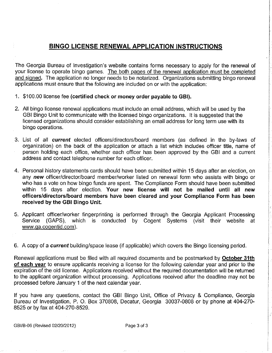 Form B-06 Application for Renewal of License to Operate Nonprofit Bingo Games - Georgia (United States), Page 3
