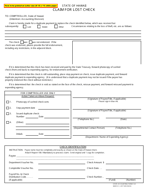 Form C-61 Claim for Lost Check - Hawaii