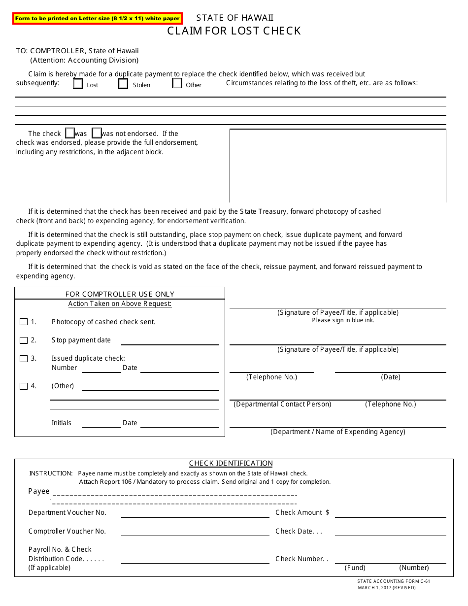 Form C-61 Claim for Lost Check - Hawaii, Page 1