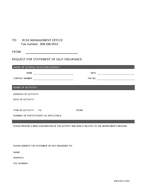Form RM-SOSI Request for Statement of Self-insurance - Hawaii