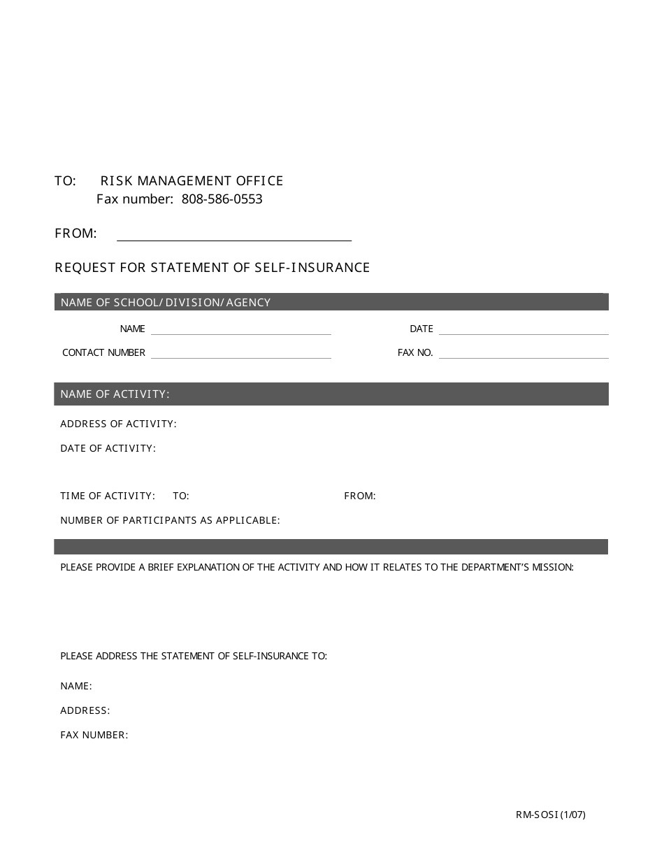 Form RM-SOSI Request for Statement of Self-insurance - Hawaii, Page 1