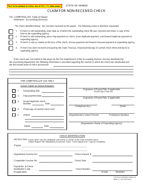 Form C-62 Claim for Non-received Check - Hawaii