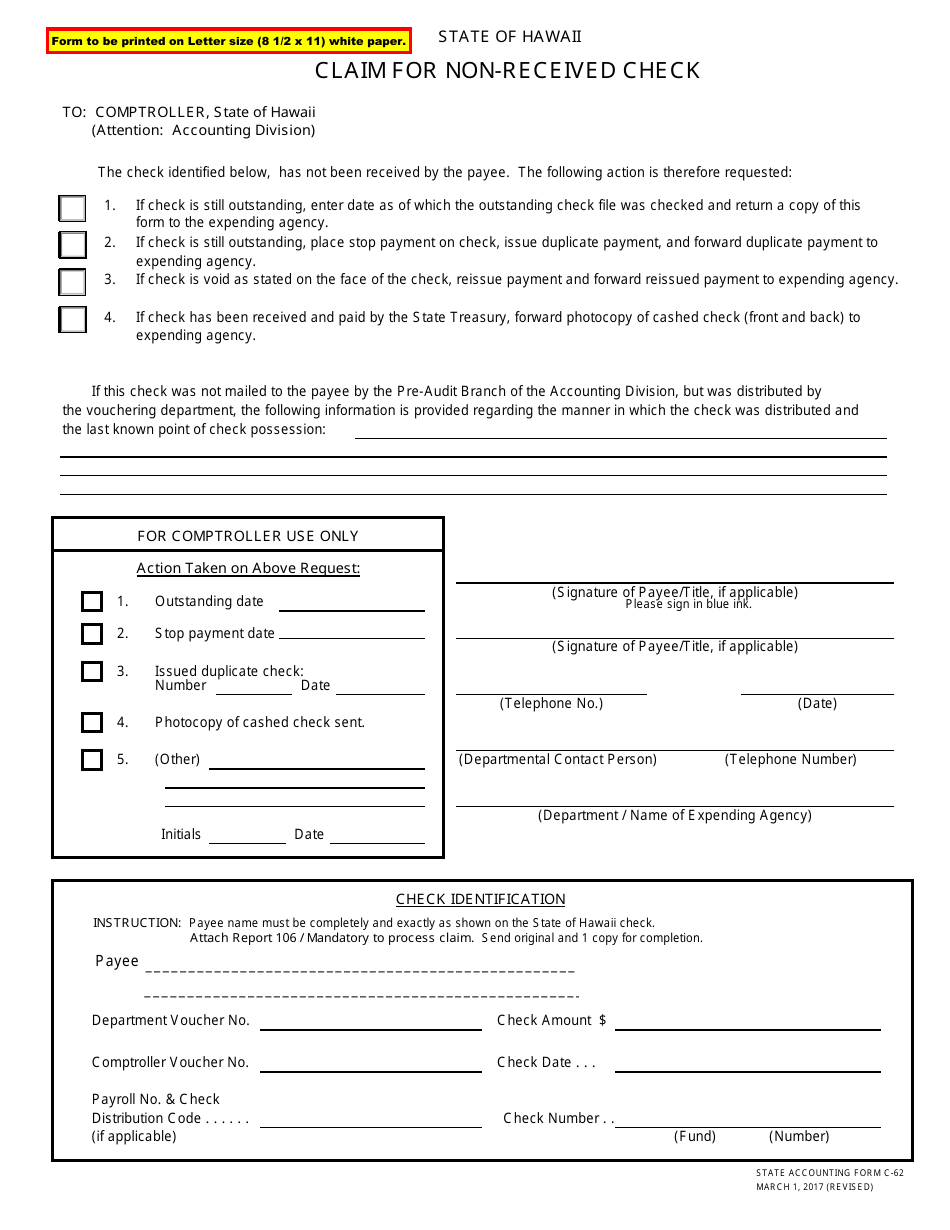 Form C-62 Claim for Non-received Check - Hawaii, Page 1