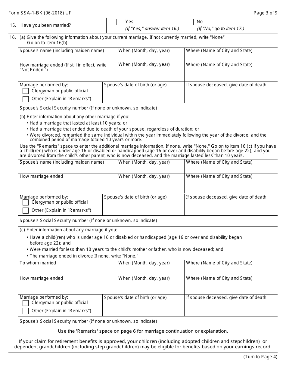 Form SSA-1-BK Application for Retirement Insurance Benefits, Page 3