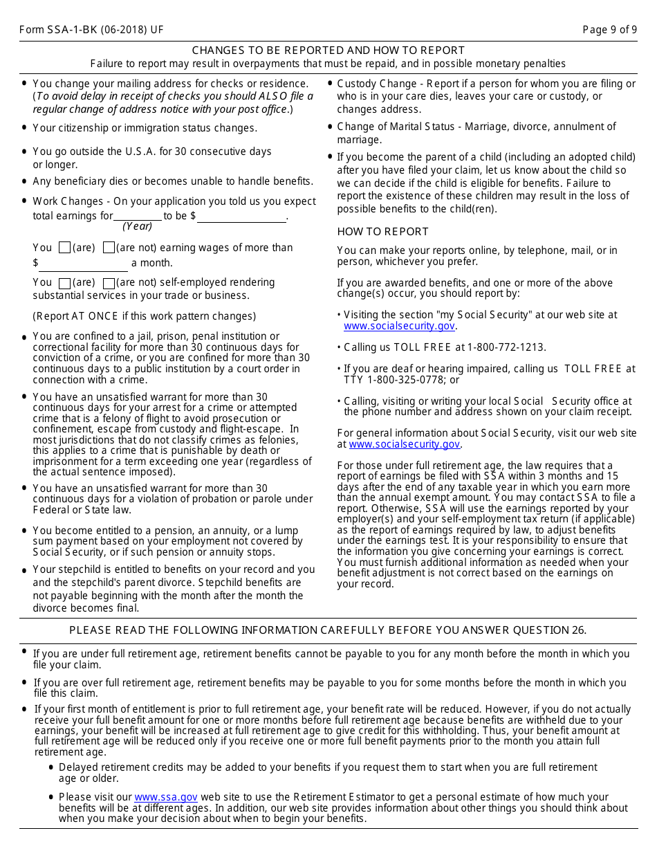 Form SSA-1-BK Application for Retirement Insurance Benefits, Page 9