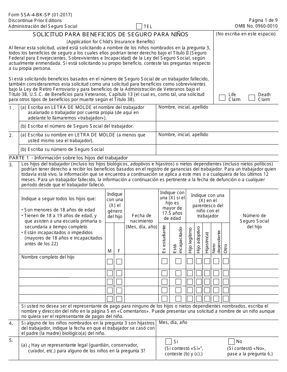 Formulario SSA-4-BK-SP Solicitud Para Beneficios De Seguro Para Ninos (Spanish), Page 1