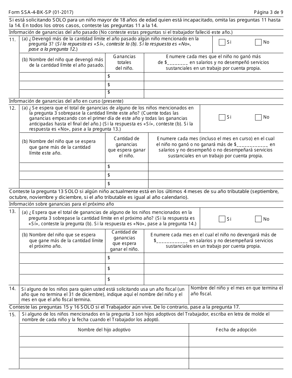 Formulario SSA-4-BK-SP Solicitud Para Beneficios De Seguro Para Ninos (Spanish), Page 3