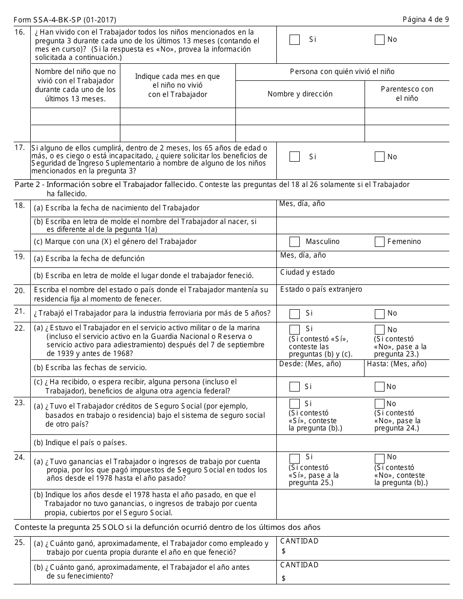 Formulario SSA-4-BK-SP Solicitud Para Beneficios De Seguro Para Ninos (Spanish), Page 4