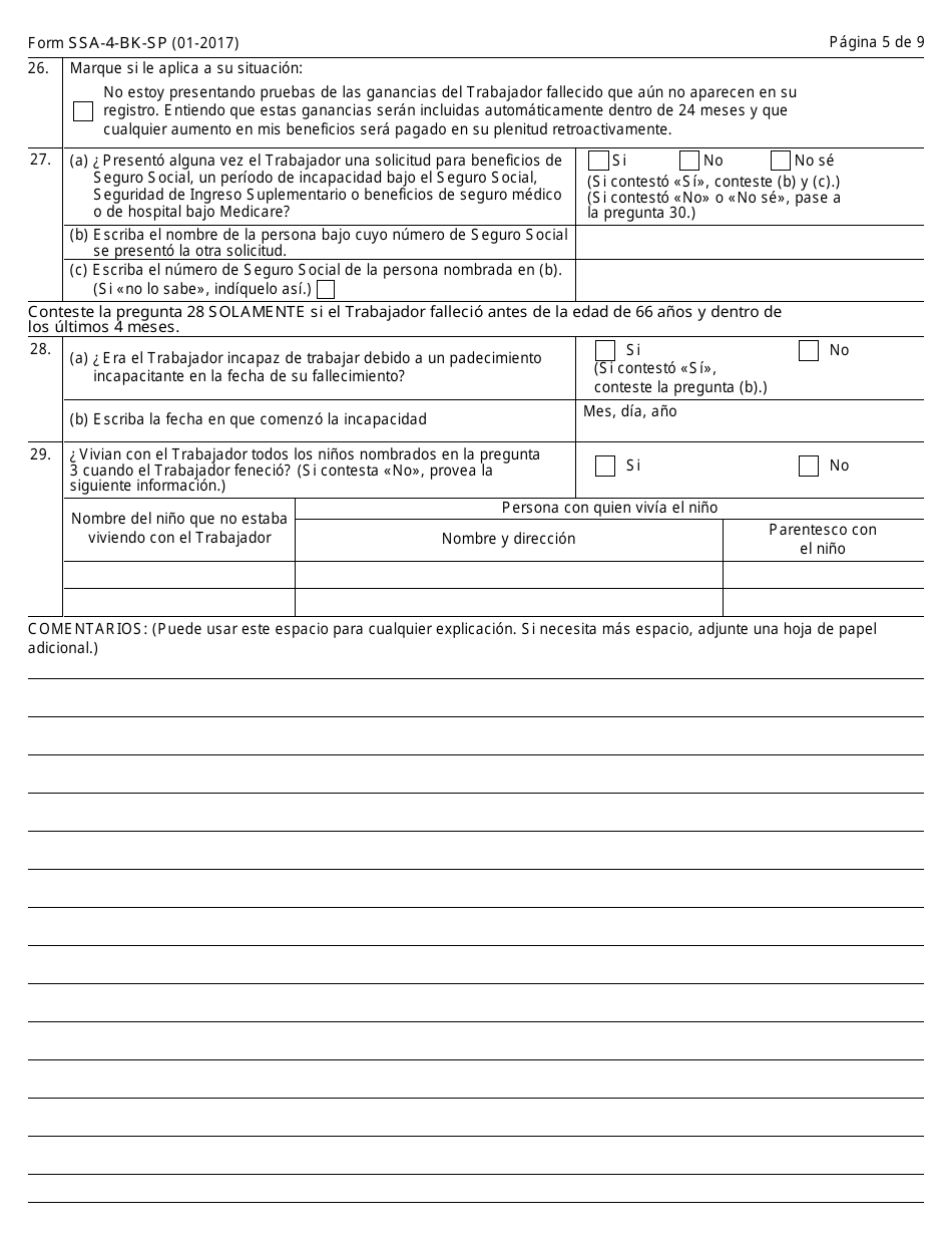 Formulario SSA-4-BK-SP Solicitud Para Beneficios De Seguro Para Ninos (Spanish), Page 5