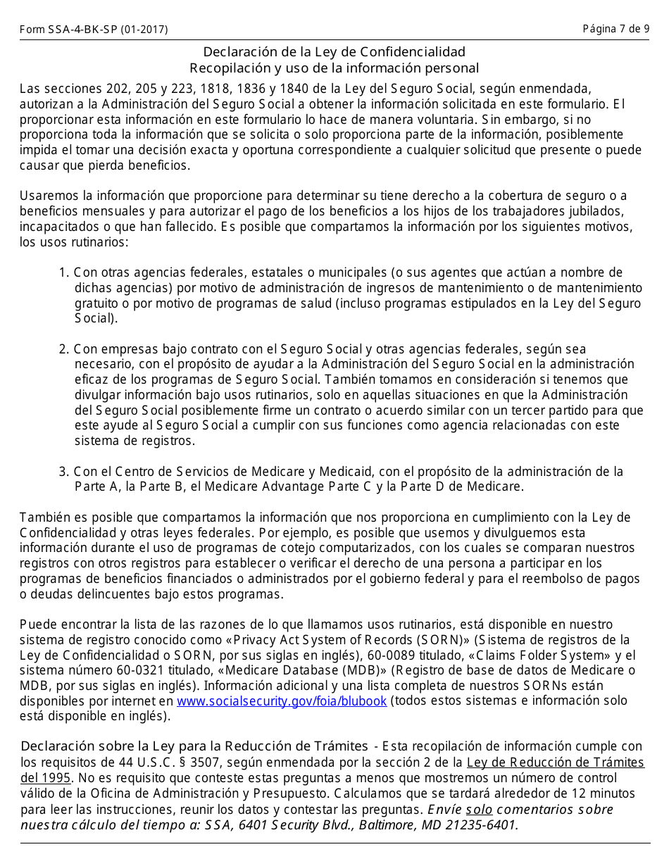 Formulario SSA-4-BK-SP Solicitud Para Beneficios De Seguro Para Ninos (Spanish), Page 7