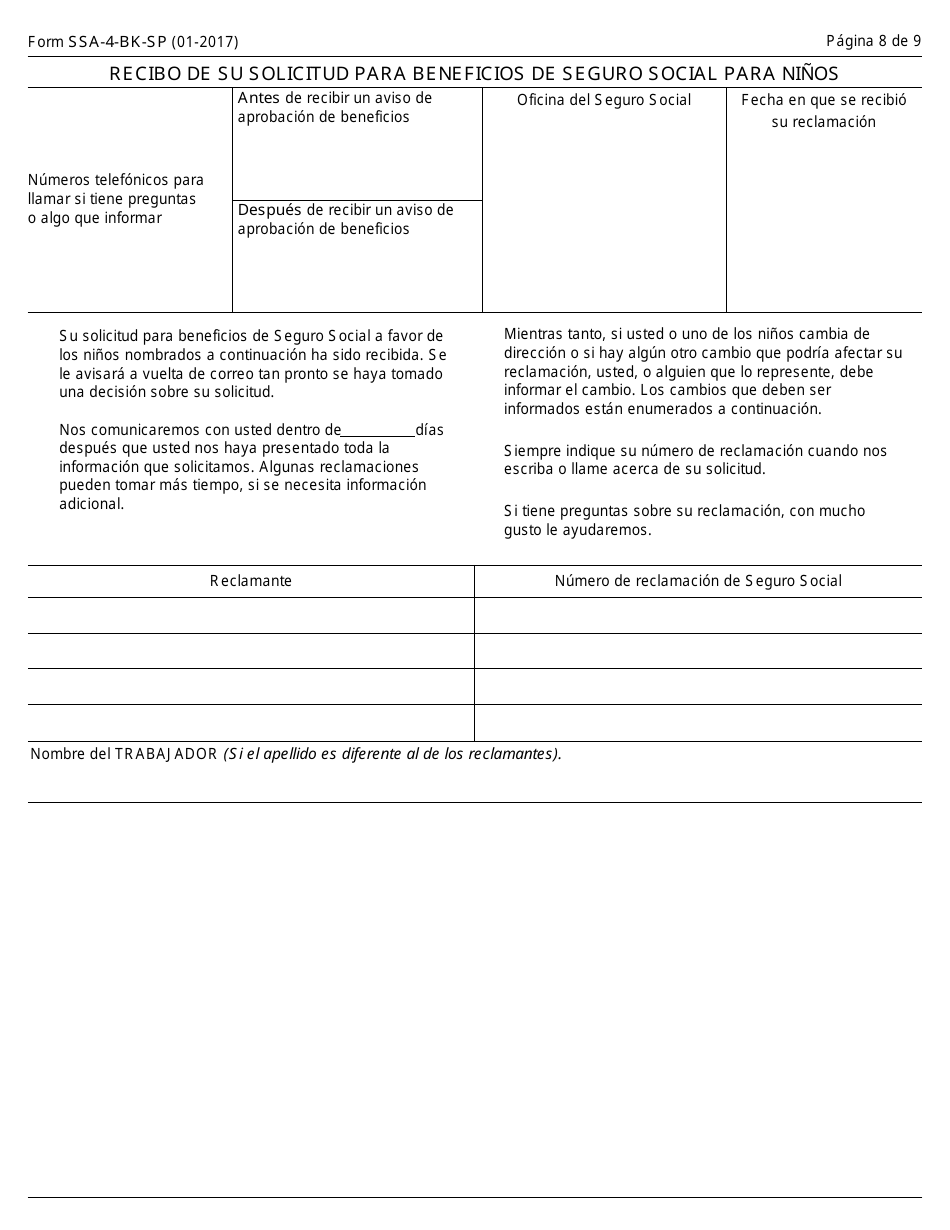 Formulario SSA-4-BK-SP Solicitud Para Beneficios De Seguro Para Ninos (Spanish), Page 8