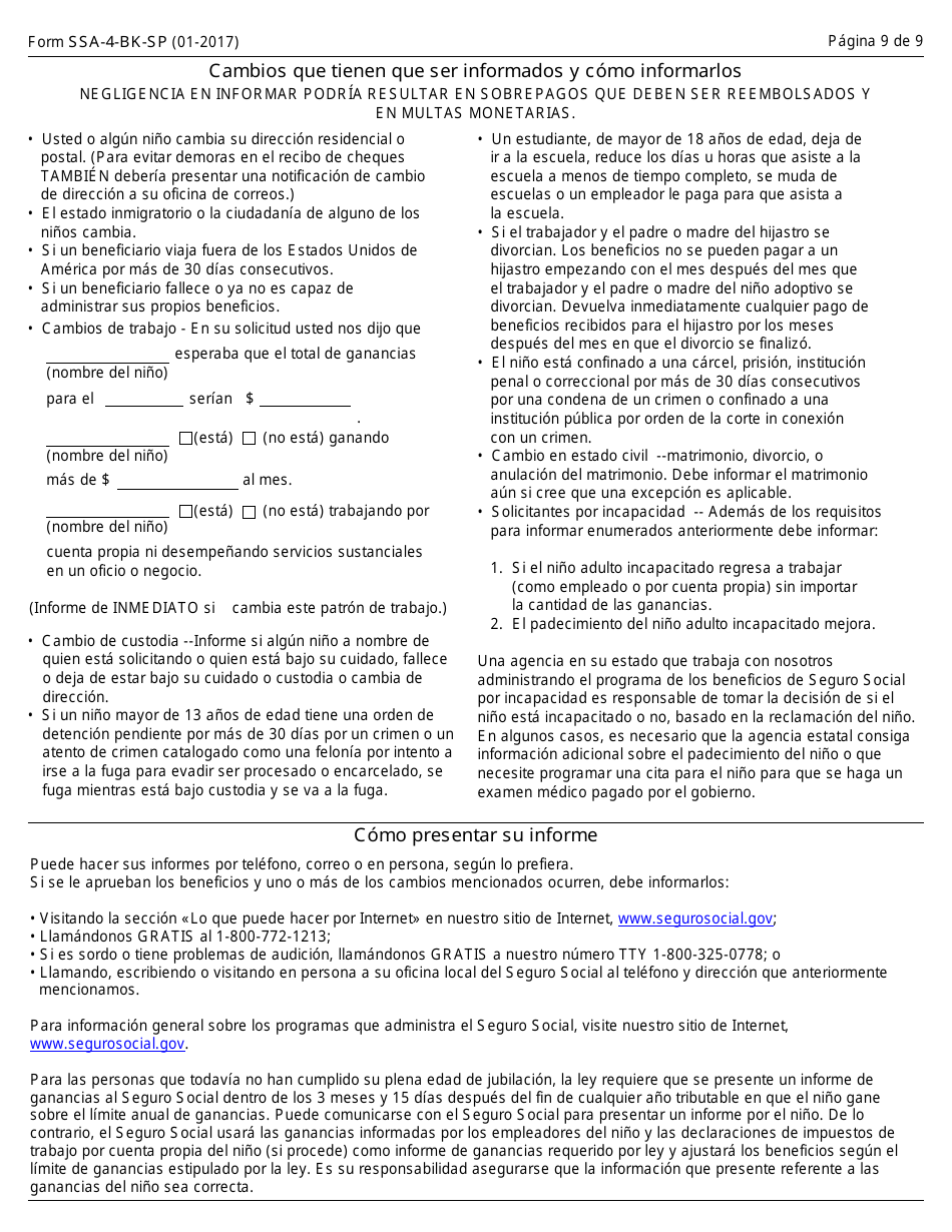 Formulario SSA-4-BK-SP Solicitud Para Beneficios De Seguro Para Ninos (Spanish), Page 9