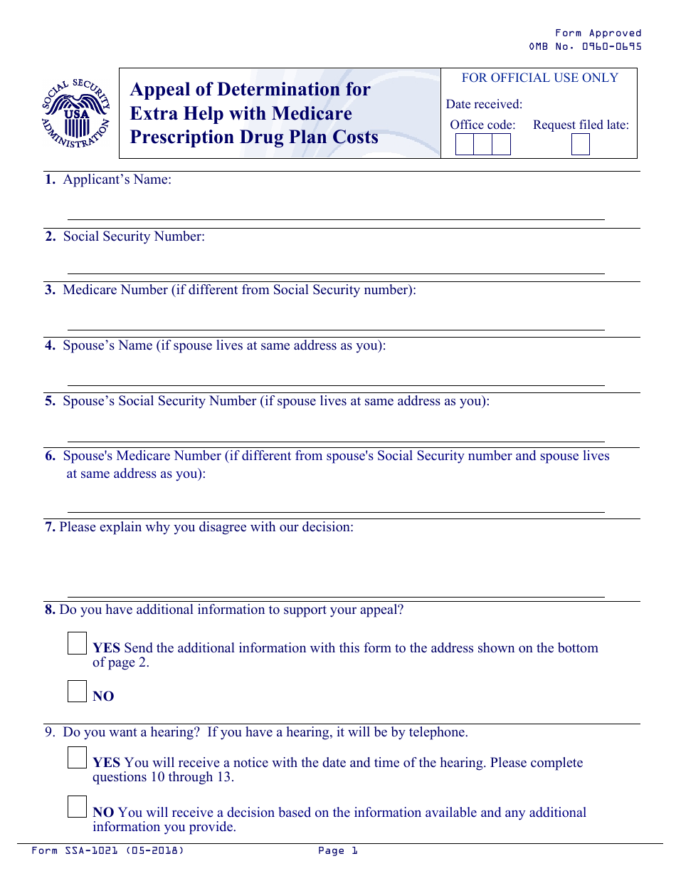 Form SSA-1021 Appeal of Determination for Extra Help With Medicare Prescription Drug Plan Costs, Page 1
