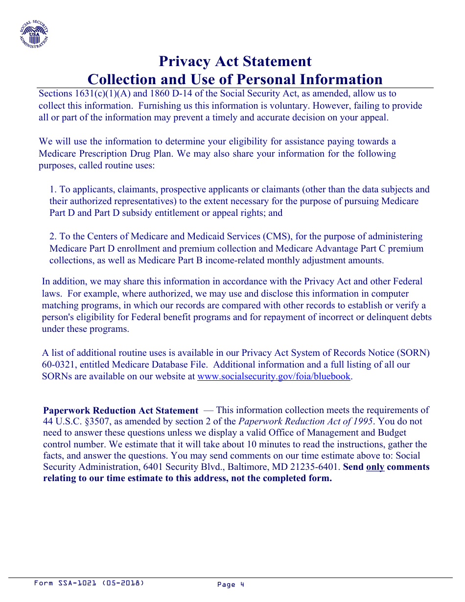 Form SSA-1021 Appeal of Determination for Extra Help With Medicare Prescription Drug Plan Costs, Page 4