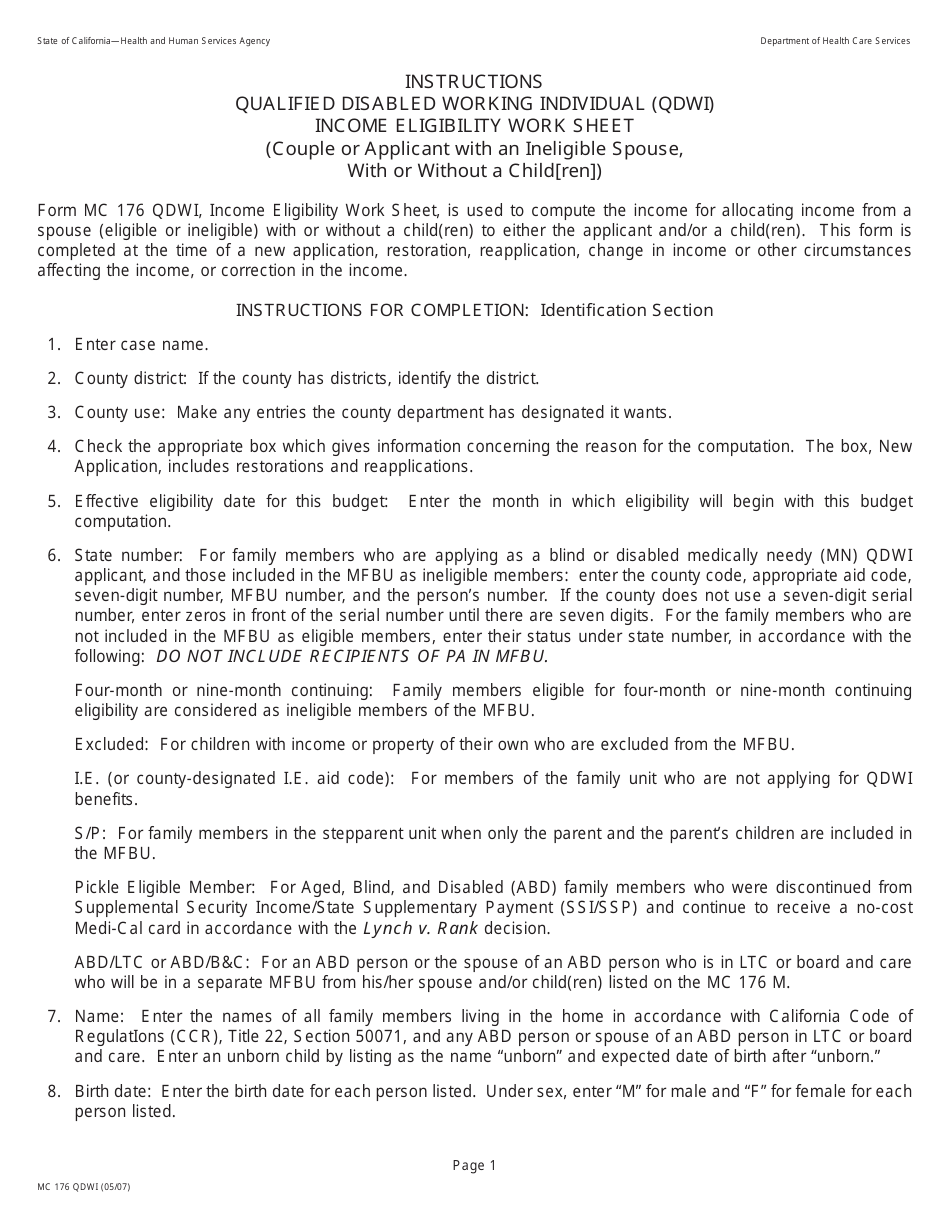 Instructions for Form MC176 QDWI Qualified Disabled Working Individual (Qdwi) Income Eligibility Work Sheet Couple or Applicant With an Ineligible Spouse, With or Without Child(Ren) - California, Page 1