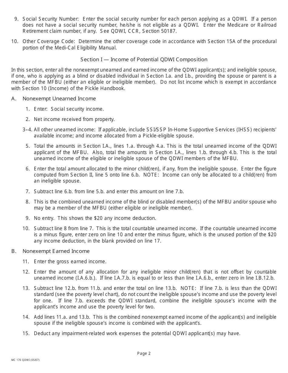 Instructions for Form MC176 QDWI Qualified Disabled Working Individual (Qdwi) Income Eligibility Work Sheet Couple or Applicant With an Ineligible Spouse, With or Without Child(Ren) - California, Page 2
